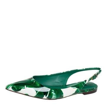 مملوكة مسبقًا Dolce & Gabbana White/Green Patent Leather Banana Leaf Print Slingback Flats Size 36.5