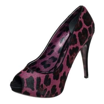 Pre Owned Dolce & Gabbana Purple/Black Leopard Print Calf hair And Suede Peep Toe Platform Pumps Size 37