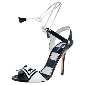 Pre Owned Dolce & Gabbana White/Navy Blue Patent Leather Keira Ankle Tie Sandals Size 39