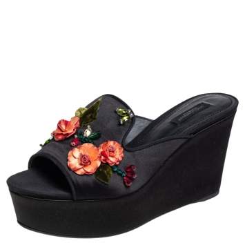 Pre Owned Dolce and Gabbana Black Satin Floral Embellished Wedge Slide Sandals Size 38