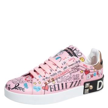 Pre Owned Dolce & Gabbana Pink Leather Portofino Graffiti Print Low Top Sneakers Size 38