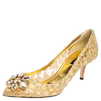 Pre Owned Dolce & Gabbana Gold Lace Bellucci Crystal Embellished Pointed Toe Pumps Size 38