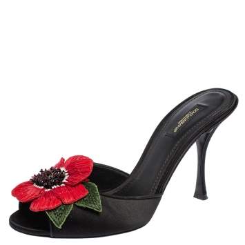 Pre Owned Dolce & Gabbana Black Satin Rose Embellished Slide Sandals Size 39