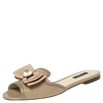 Pre Owned Dolce & Gabbana Grey Lizard Embossed Leather Bow Flat Slides Size 37