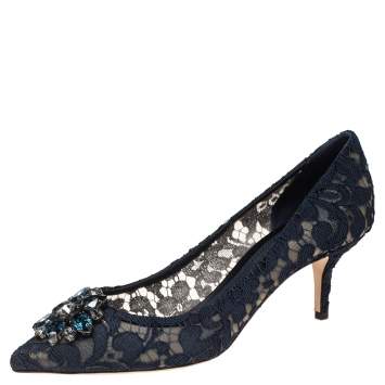 Pre Owned Dolce & Gabbana Navy Blue Lace Bellucci Pointed Toe Pumps Size 41
