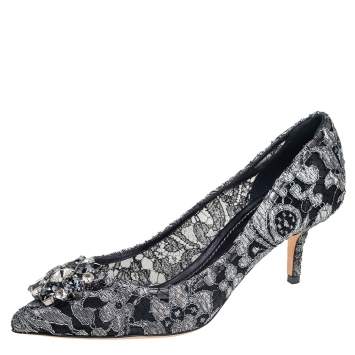 Pre Owned Dolce & Gabbana Metallic Grey Lace Bellucci  Pointed Toe Pumps Size 40.5