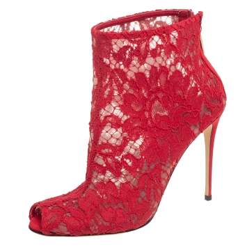 Pre Owned Dolce & Gabbana Red Lace And Mesh Peep Toe Ankle Boots Size 37