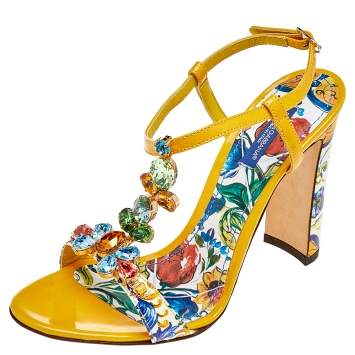Pre Owned Dolce & Gabbana Yellow/Cream Floral Print Patent Leather Embellished Sandals Size 38