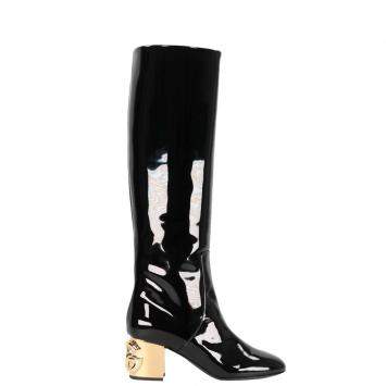 Pre Owned Dolce & Gabbana Black Patent Leather And Gold DG Karol heel Boots Size EU 37
