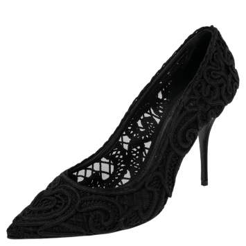 Pre Owned Dolce & Gabbana Black Embroidered Mesh Trim Pointed Toe Pumps Size 40