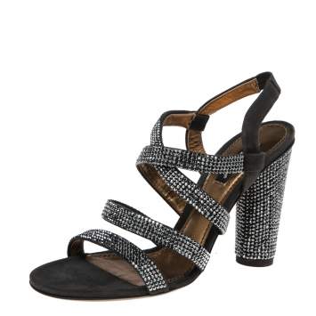 Pre Owned Dolce & Gabbana Dark Grey Suede Crystal Embellished Strappy Sandals Size 38.5