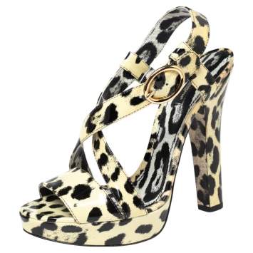 Pre Owned Dolce & Gabbana Cream-Black Patent Leather Ankle Strap Platform Sandals Size 41