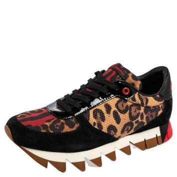 Pre Owned Dolce & Gabbana Multicolor Leather And Suede Leopard Print Low Top Sneakers Size 40