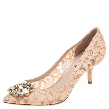 Pre Owned Dolce & Gabbana Beige Lace Bellucci Crystal Embellished Pumps Size 39