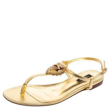 Pre Owned Dolce & Gabbana Gold Leather Devotion T-Strap Flat Sandals Size 38.5