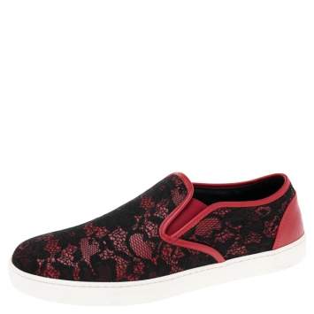 Pre Owned Dolce & Gabbana Black/Red Lace And Leather Slip On Sneakers Size 40