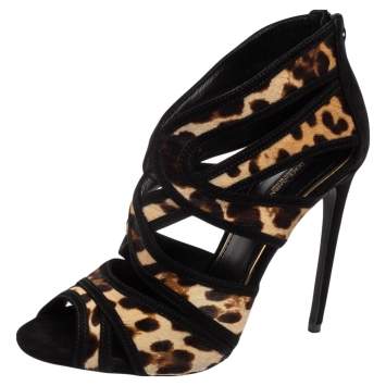Pre Owned Dolce & Gabbana Black/Beige Leopard Print Calf Hair and Suede Strappy Ankle Sandals Size 38