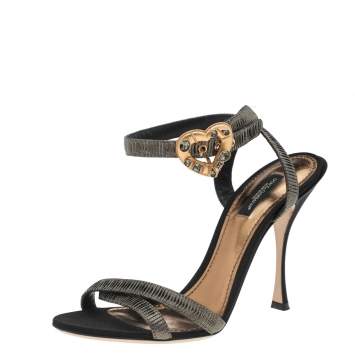 Pre Owned Dolce & Gabbana Metallic Black Lurex Fabric Devotion Ankle Strap Sandals Size 38