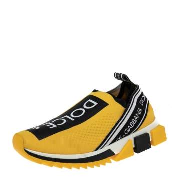 Pre Owned Dolce & Gabbana Yellow Knit Fabric Sorrento Logo Slip-On Sneakers Size 38.5