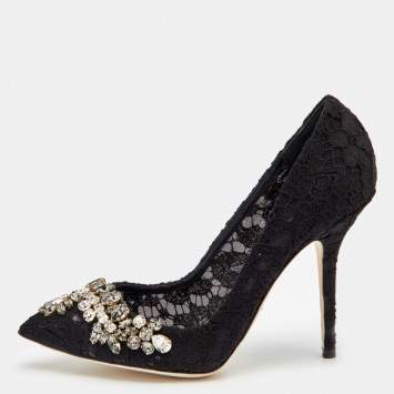 Pre Owned Dolce & Gabbana Black Lace Crystal Embellished Royale Pointed Toe Pumps Size 41