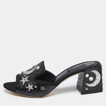 Pre Owned Dolce & Gabbana Black Glitter Bianca Star And Moon Embellished Slide Sandals Size 38