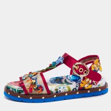 Pre Owned Dolce & Gabbana Multicolor Embroidered Satin And Mesh Embellished Flat Sandals Size 37.5