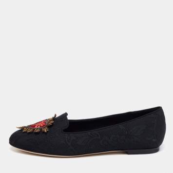 Pre Owned Dolce & Gabbana Black Embroidered Canvas Smoking Slippers Size 36.5