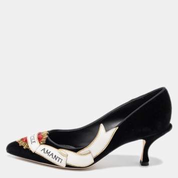 Pre Owned Dolce & Gabbana Black Velvet Sacred Heart Armanti Embroidered Lori Pumps Size 38