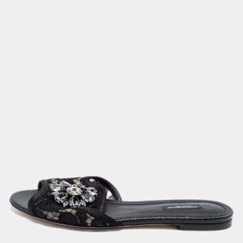 Pre Owned Dolce & Gabbana Black Lace Sofia Crystal Embellished Flats Size 39