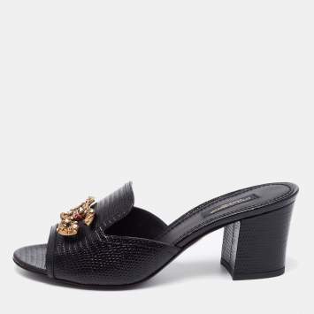 Pre Owned Dolce & Gabbana Black Lizard Embossed Leather Block Heel Mules Size 37.5