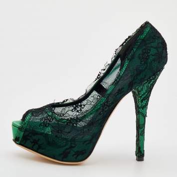 Pre Owned Dolce & Gabbana Green/Black Lace Peep Toe Pumps Size 40