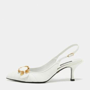 Pre Owned Dolce & Gabbana White Leather Buckle Slingback Pumps Size 38.5