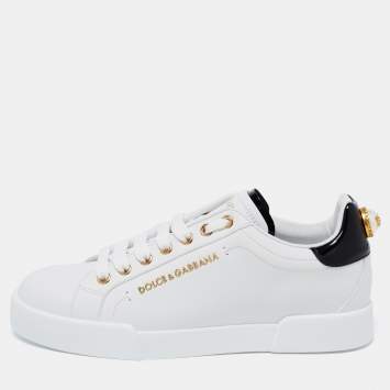 Pre Owned Dolce & Gabbana White Leather Portofino Embellished Low Top Sneakers Size 37