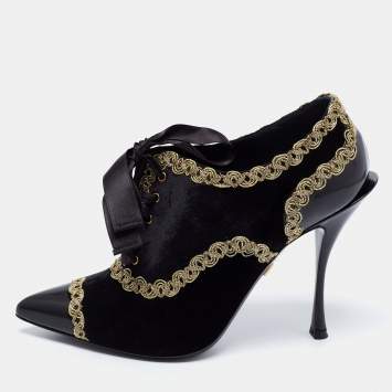 Pre Owned Dolce & Gabbana Black Velvet And Leather Lace Up Pointed Toe Booties Size 38