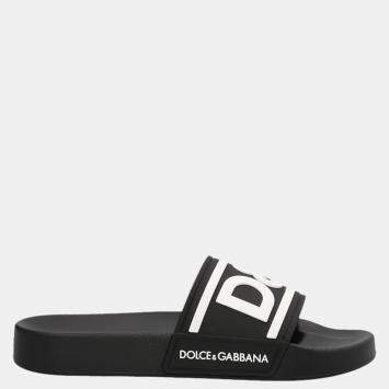 Pre Owned Dolce & Gabbana Black Rubber Logo Slides Size EU 40
