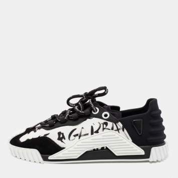 Pre Owned Dolce & Gabbana White/Black Suede, Printed Canvas and Neoprene NS1 Low-Top Sneakers Size 39