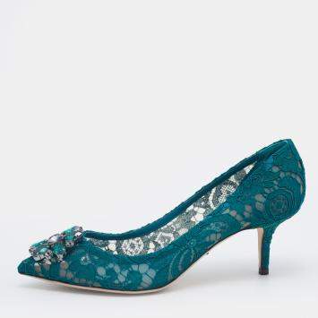 Pre Owned Dolce & Gabbana Teal Green Taormina Lace Crystal Embellished Pumps Size EU 40