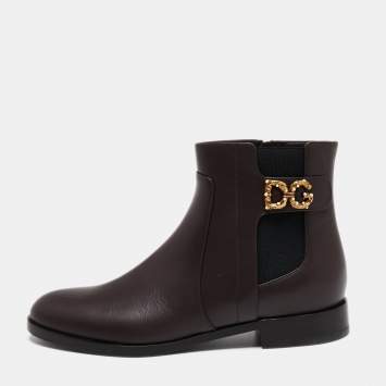 Pre Owned Dolce & Gabbana Burgundy Leather Logo Detail Ankle Boots Size 38