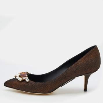 Pre Owned Dolce & Gabbana Bronze Nylon Jeweled Embellishment Pointed Toe Pumps Size 39