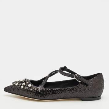 Pre Owned Dolce & Gabbana Black Glitter Crystal Embellished Ballet Flats Size 38