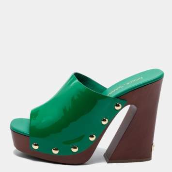 Pre Owned Dolce & Gabbana Green Patent Leather Brigitte Stud Detail Heeled Clog Sandals Size 39