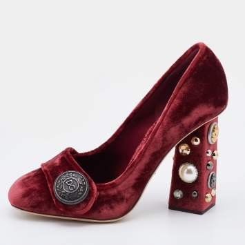 Pre Owned Dolce & Gabbana Red Velvet Jackie Embellished Block Heel Pumps Size 38.5
