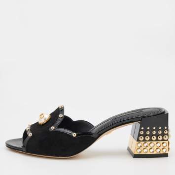 Pre Owned Dolce & Gabbana Black Suede and Patent Leather Embellished Slide Sandals Size 38.5