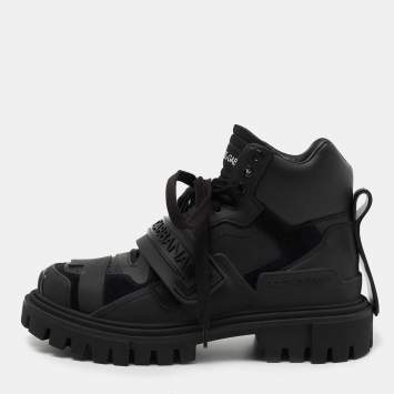 Pre Owned Dolce & Gabbana Black Leather and Rubber Logo Strappy Trekking Boots Size 38.5