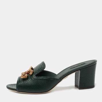 Pre Owned Dolce & Gabbana Green Embossed Lizard DG Amore Slide Sandals Size 41.5