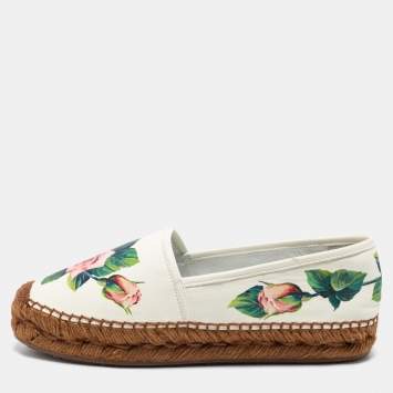 Pre Owned Dolce & Gabbana Cream Leather Rose Print Espadrilles Flats Size 38