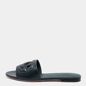 Pre Owned Dolce & Gabbana Dark Green Leather DG Millennials Flat Slides Size 38.5