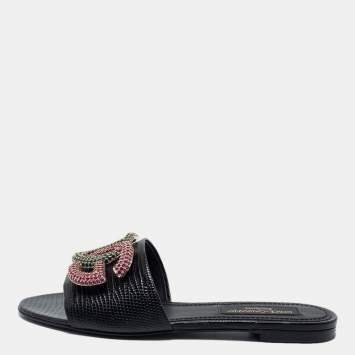 Pre Owned Dolce & Gabbana Black Lizard Embossed Leather Bianca Sandals Size 38