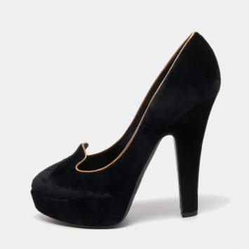 Pre Owned Dolce & Gabbana Black Velvet And Leather Platform Pumps Size 40