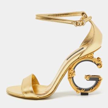 Pre Owned Dolce & Gabbana Gold Leather Keira  Logo Ankle Strap Sandals Size 39
